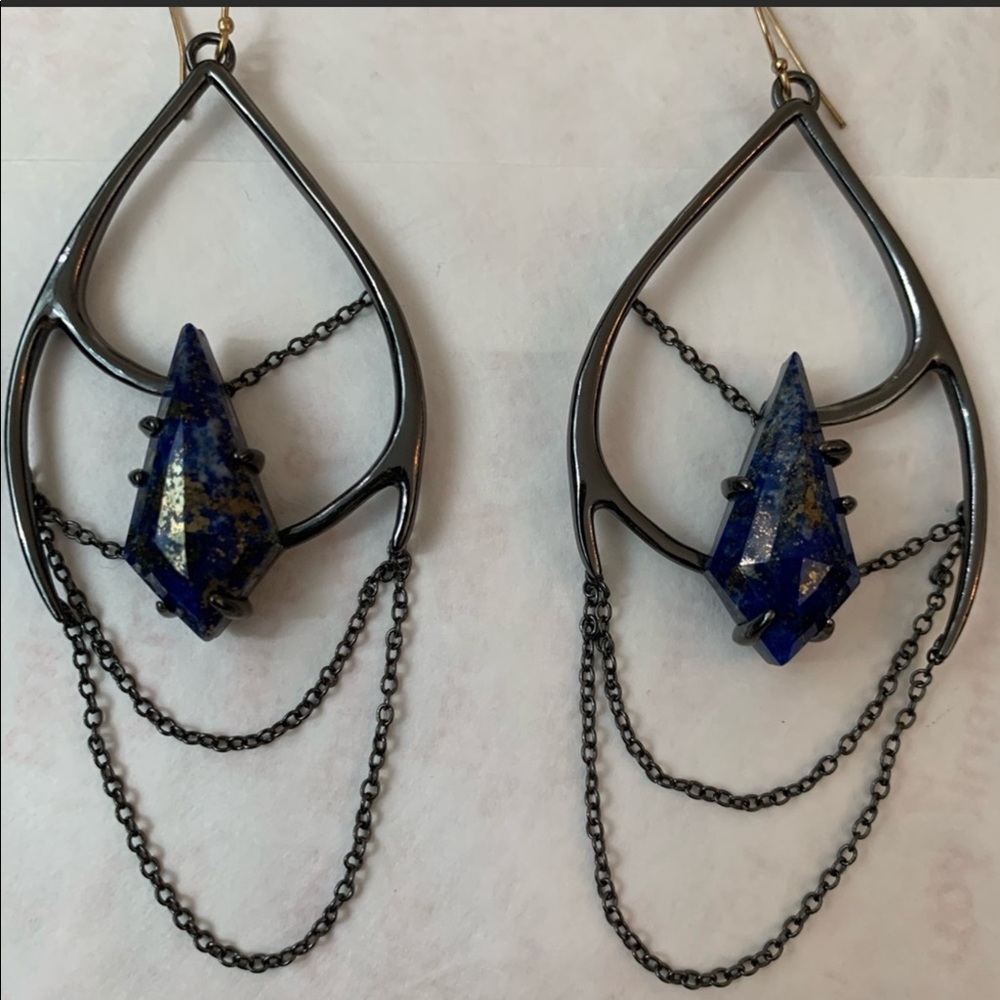 Dark Silver Chain w/ Blue Stone Large Earrings